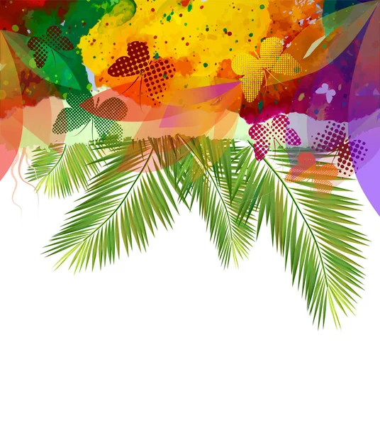 El fondo está enmarcado con hojas de palma y mariposas. Bienvenido al Paraíso. Ilustración vectorial — Archivo Imágenes Vectoriales