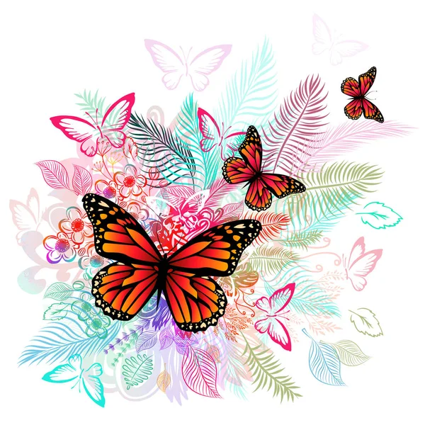 Blomma abstraktion med fjärilar. Vektor illustration — Stock vektor