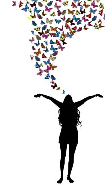 Uçan kelebekler ile kız silueti. Vektör çizimi