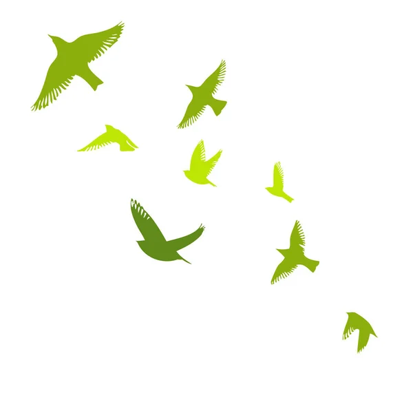 Pájaros verdes. Una bandada de estorninos voladores. Ilustración vectorial — Vector de stock