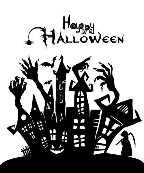 Feliz Halloween. Un castillo de horrores con fantasmas. Ilustración vectorial — Vector de stock