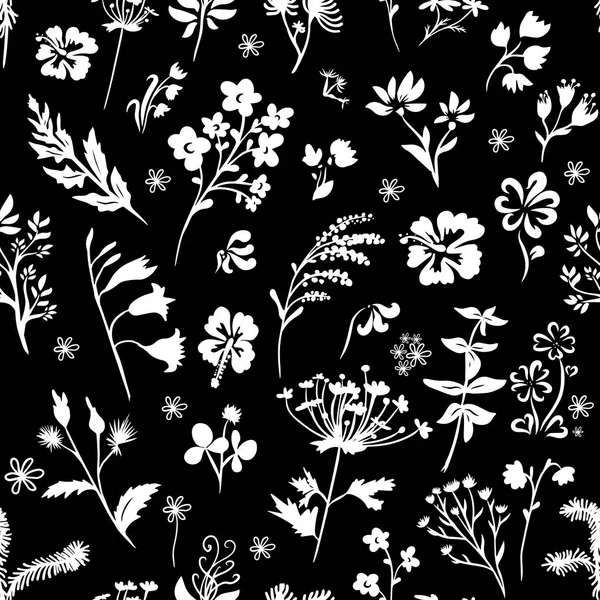 Ensemble de silhouettes monochromes de fleurs. Fleurs motif sans couture. Illustration vectorielle — Image vectorielle