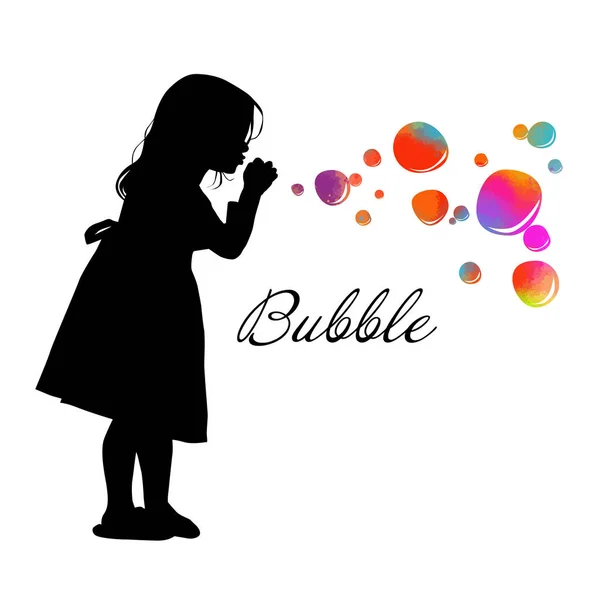 Silhouet van een meisje dat zeepbellen blaast. Vectorillustratie — Stockvector