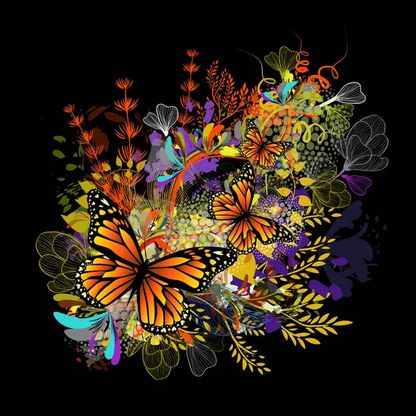 Abstraction de fleurs avec des papillons. Illustration vectorielle — Image vectorielle
