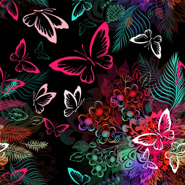 Abstracción de flores con mariposas. Fondo abstracto floral sin costuras. Ilustración vectorial — Vector de stock