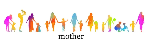 Set of different multi-colored silhouettes of mom with a baby. Vector illustration — Stock Vector