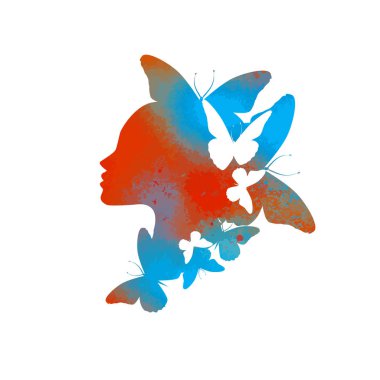 Beyaz arka plan üzerinde izole saçından uçan kelebekler ile güzel çok renkli kız profil siluet - vektör illüstrasyon