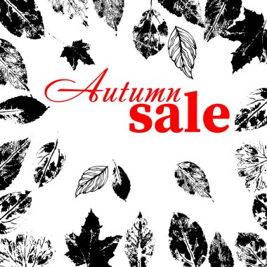 Merhaba sonbahar. Sonbahar indirimi. Farklı ağaç yapraklarının baskıları ile vektör illüstrasyon