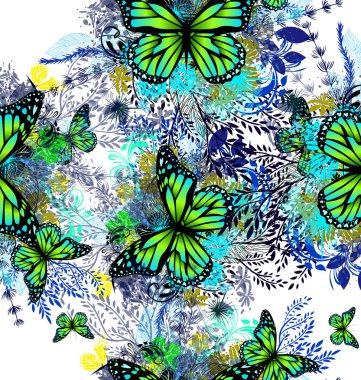 Kelebekler ile çiçek soyutlama. Dikişsiz çiçek soyut arka plan. Vektör çizimi