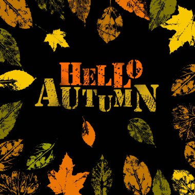 Merhaba sonbahar. Farklı ağaç yapraklarının baskıları ile vektör illüstrasyon