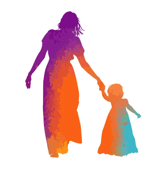 The Multicolored silhouette of mom and daughter. Vector illustration — Stock Vector
