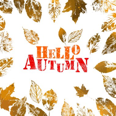 Merhaba sonbahar. Farklı ağaç yapraklarının baskıları ile vektör illüstrasyon