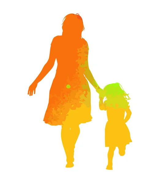 The Multicolored silhouette of mom and daughter. Vector illustration — Stock Vector