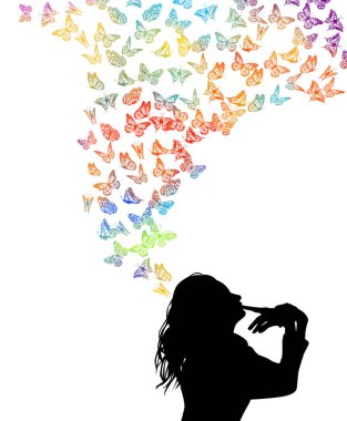 Uçan kelebekler ile kız silueti. Vektör çizimi