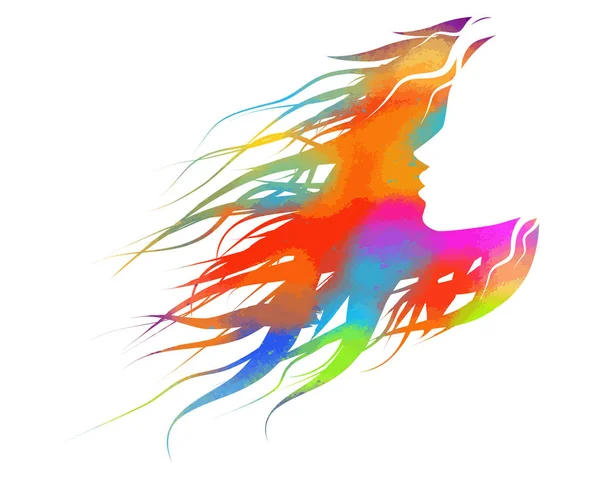 Bela silhueta de perfil da menina multicolorida com seu cabelo - ilustração vetorial — Vetor de Stock