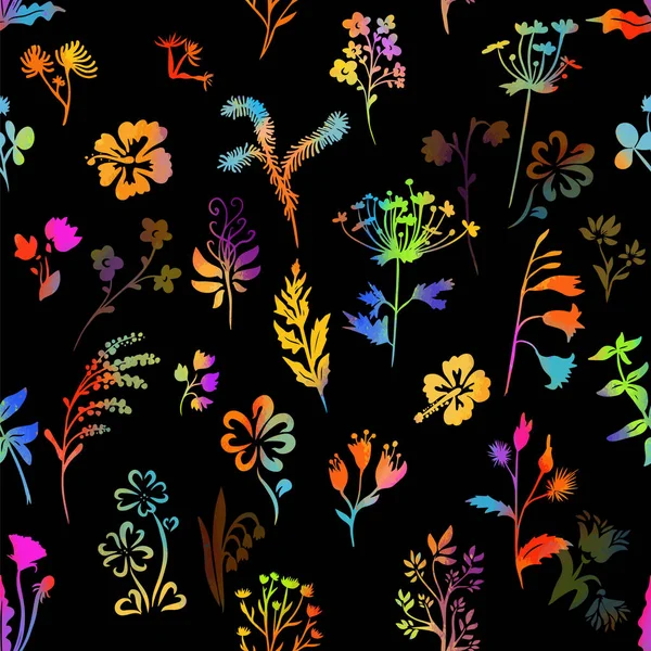 Uppsättning av flerfärgade silhuetter av blommor. Rainbow Flowers sömlösa mönster. Vektor illustration — Stock vektor