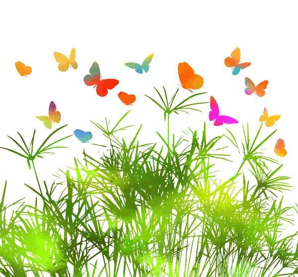 Grass silhouette. Meadow with colorful butterflies. Natural herbs. Vector illustration. — Stock Vector