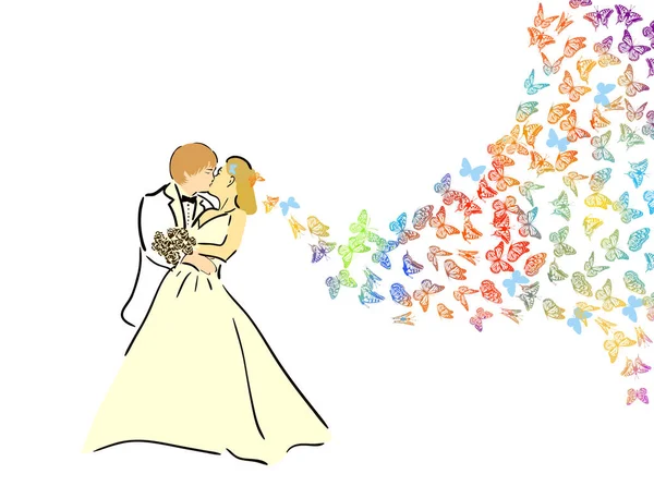 Silueta de Novia y Novio. Muchas mariposas voladoras. Ilustración vectorial — Vector de stock