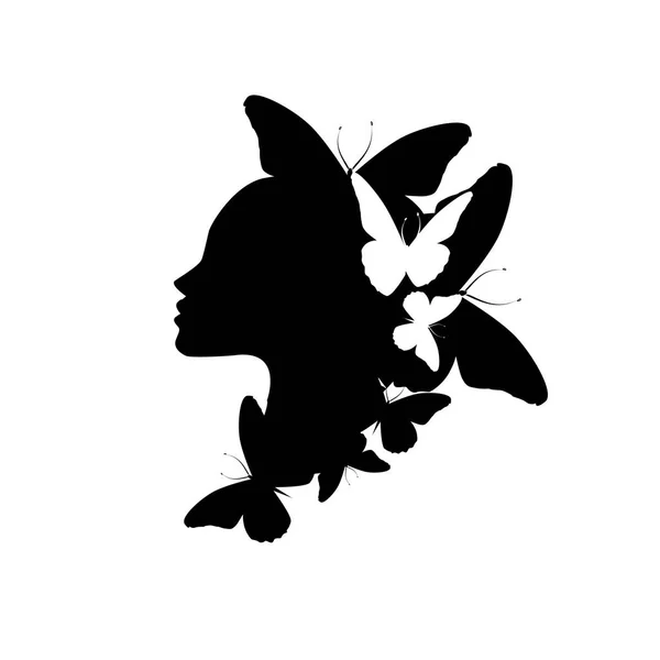 Hermosa silueta de perfil de niña con mariposas volando de su cabello aislado sobre fondo blanco - ilustración vectorial — Vector de stock