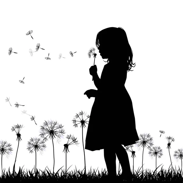 Le profil de la silhouette de la fille souffle le pissenlit. Illustration vectorielle — Image vectorielle