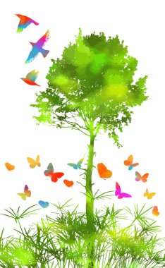 beyaz arka plan üzerinde çim silueti. Bir ağaç ve kelebekler ile pitoresk manzara. Çok renkli kelebekler. Vektör çizimi
