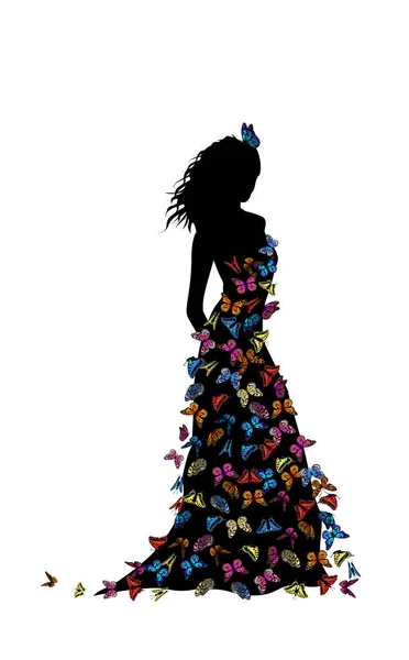 Profilo della bella ragazza silhouette Con un vestito di farfalle - illustrazione vettoriale — Vettoriale Stock