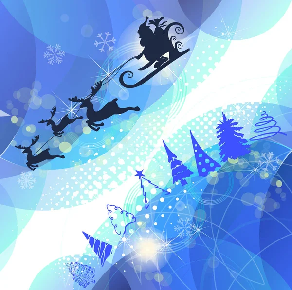 Blauer Hintergrund mit Schneeflocken. Weihnachtsmann Claus fliegt im Schlitten auf Hirschen durch den Himmel. Vektorillustration — Stockvektor