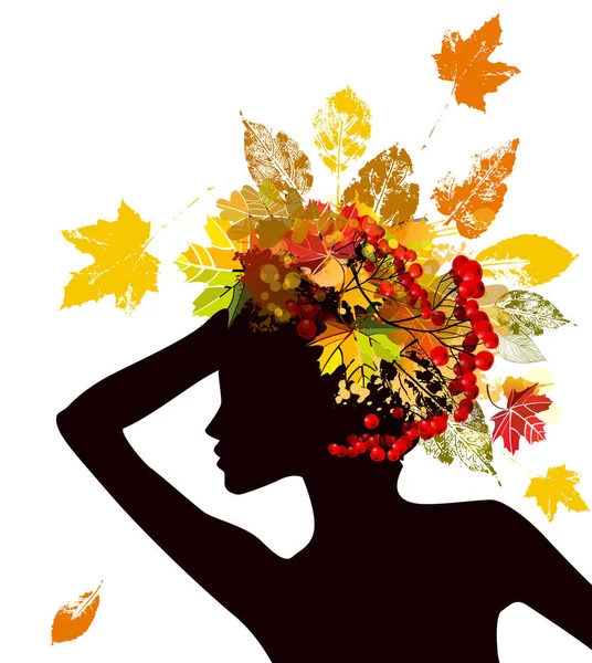 The silhouette of a girl with autumn leaves. Vector illustration — Stok Vektör