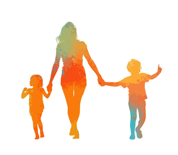 La silueta multicolor de la mamá con los niños caminan. Ilustración vectorial — Archivo Imágenes Vectoriales