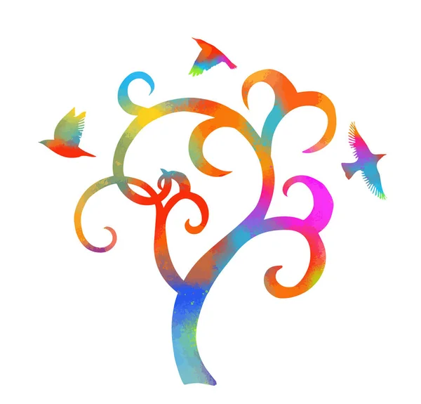 Un hermoso árbol multicolor estilizado con pájaros. Ilustración vectorial — Vector de stock