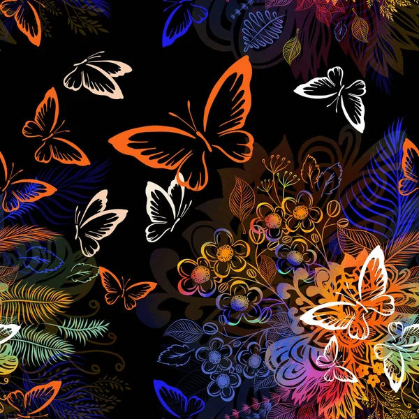 Bloem abstractie met vlinders. Naadloze Floral abstracte achtergrond. Vector illustratie — Stockvector