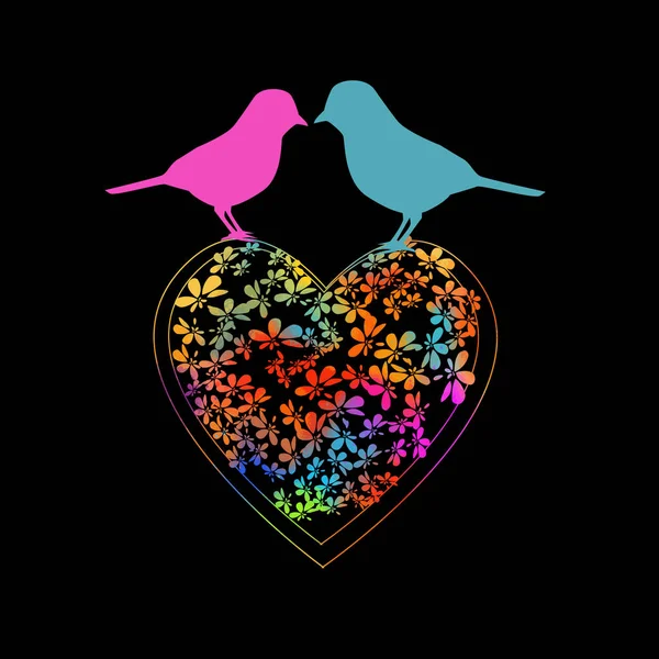 Le cœur est multicolore de fleurs. Des oiseaux amoureux. Joyeuse Saint-Valentin. Illustration vectorielle — Image vectorielle