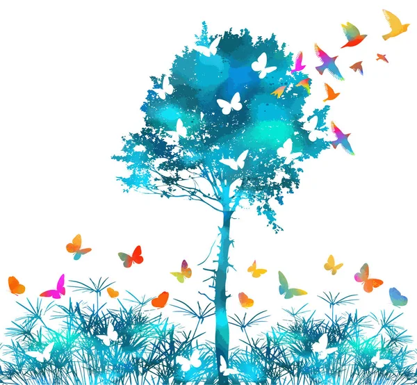 Silueta de hierba sobre fondo blanco. Pintoresco paisaje con un árbol y mariposas. Mariposas multicolores. Ilustración vectorial — Archivo Imágenes Vectoriales