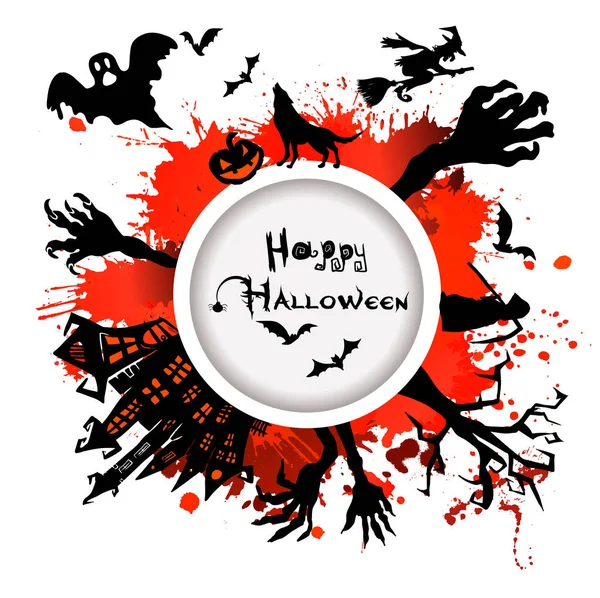 Feliz Halloween. Un castillo de horrores con fantasmas. Tarjeta de felicitación para la festividad del 31 de octubre. Ilustración vectorial — Vector de stock