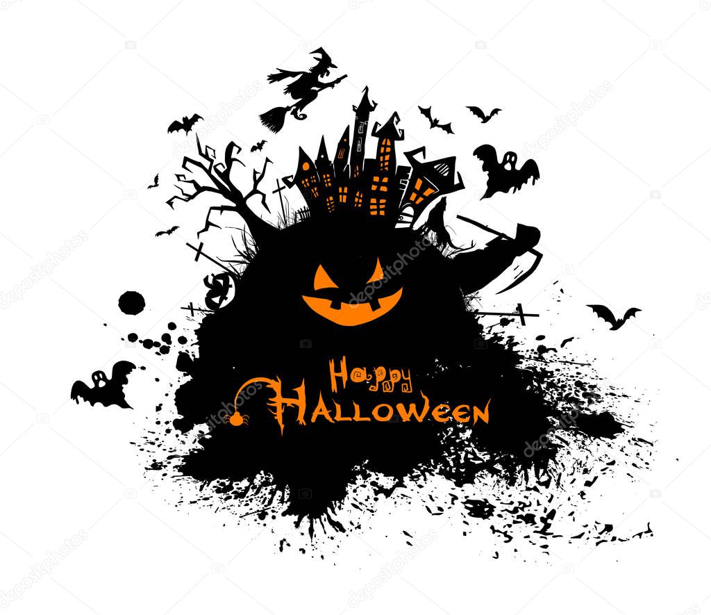 Happy Halloween. A castle of horrors with ghosts. Greeting card for the holiday of October 31. Vector illustration