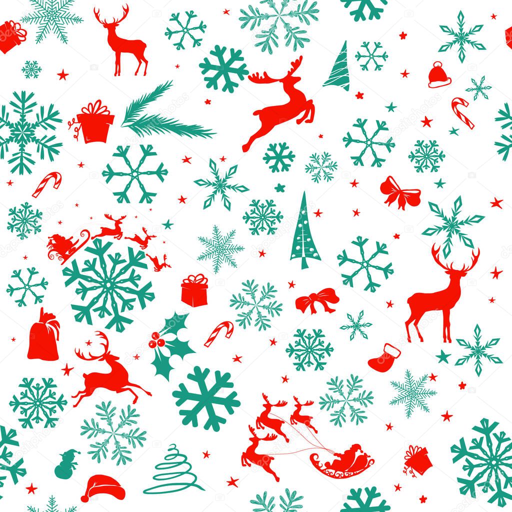 Christmas seamless background with snowflakes and deers. Vector illustration