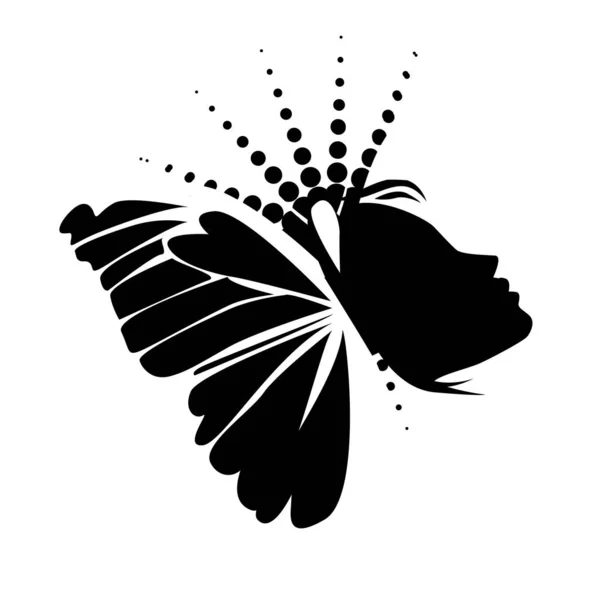 Hermosa silueta de perfil de niña con mariposas volando de su cabello aislado sobre fondo blanco - ilustración vectorial — Vector de stock