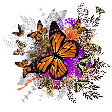 Kelebekler ile çiçek soyutlama. Vektör çizimi