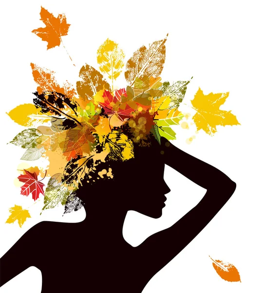 The silhouette of a girl with autumn leaves. Vector illustration — Stok Vektör