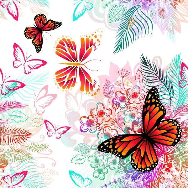 花抽象与蝴蝶。无缝的花卉抽象背景。矢量插图 — 图库矢量图片