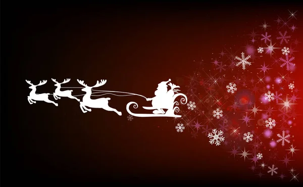 Fondo rojo con copos de nieve. Santa Claus está volando en un trineo a través del cielo en ciervos. Ilustración vectorial — Archivo Imágenes Vectoriales