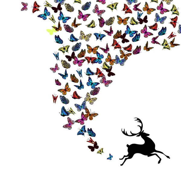 Η σιλουέτα ενός ελαφιού με ιπτάμενες πεταλούδες. απεικόνιση διανύσματος — Διανυσματικό Αρχείο