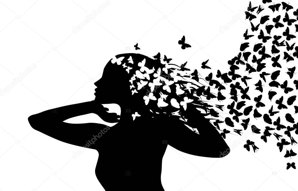 Girl silhouette with flying butterflies. Vector illustration