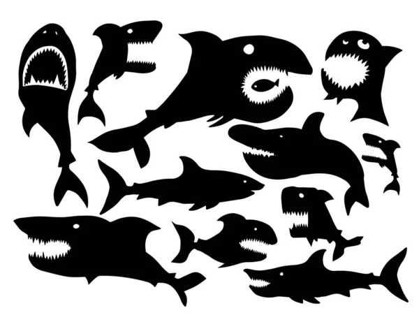 A set of shark silhouettes. Vector illustration — ストックベクタ