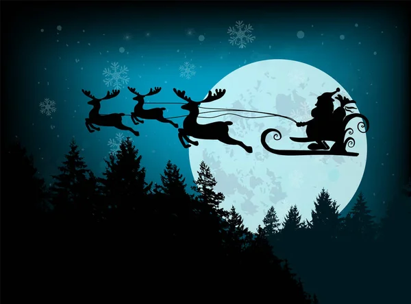 Fondo azul con copos de nieve y la luna. Santa Claus está volando en un trineo a través del cielo en ciervos. Ilustración vectorial — Archivo Imágenes Vectoriales