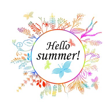 Yuvarlak çerçeve, çiçekler ve çimenler. Vektör çizimi. Merhaba yaz.