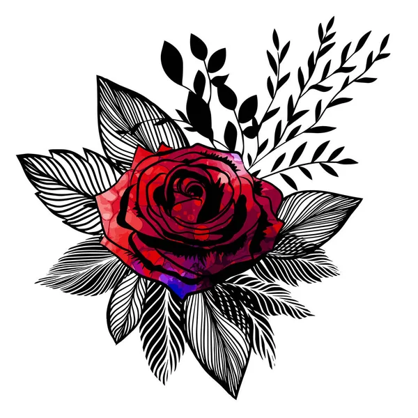 Une belle rose pittoresque avec des feuilles noires graphiques. Illustration vectorielle — Image vectorielle