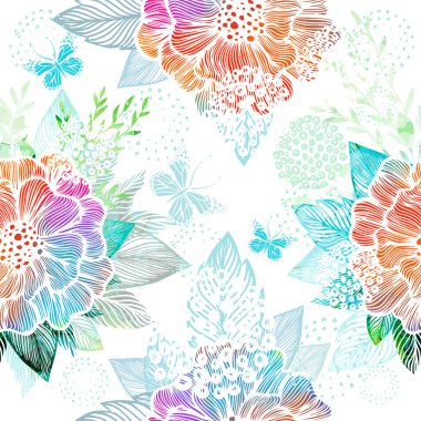 Renkli çiçekleri olan pürüzsüz bir arka plan. Karışık medya. Vektör illüstrasyonu