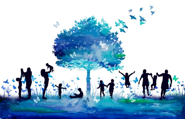 Abstraction Family outdoors. Magical blue tree with butterflies. Vector illustration — Stock Vector