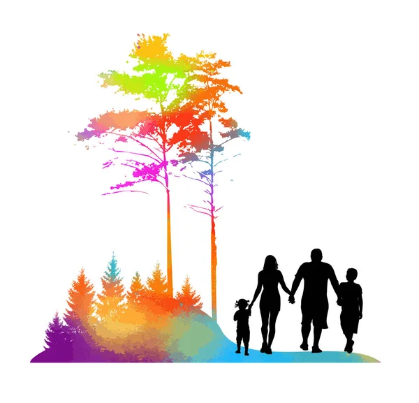 Familia al aire libre en un bosque de arco iris. Ilustración vectorial — Vector de stock